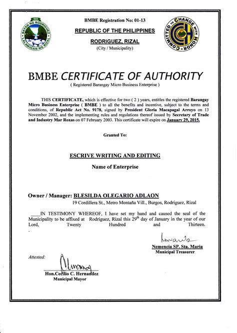 bmbe certificate of authority
